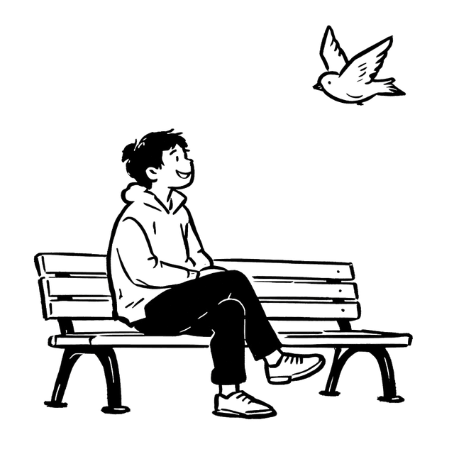 Illustration of a person on a park bench with a bird flying away